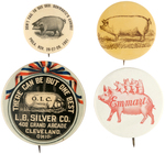 FOUR GRAPHIC BUTTONS PICTURING PIGS OR HOGS ISSUED BETWEEN 1901 AND 1920s.