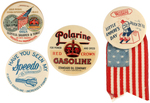 FOUR OIL, GAS AND CAR PRODUCT ADVERTISING BUTTONS.