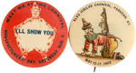 TWO EARLY CARNIVAL BUTTONS FEATURING CLOWNS.