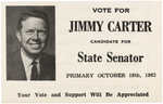 "VOTE FOR JIMMY CARTER CANDIDATE FOR STATE SENATOR" PALM CARD FROM 1962.