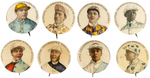 HORSE RACING JOCKEY BUTTONS EIGHT OF NINE RIDERS IN C. 1900 SET.