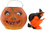 HALLOWEEN PAIR - PUMPKIN LANTERN & WITCH CANDY CONTAINER.