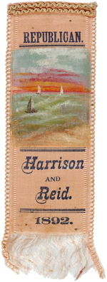 RARE HARRISON/REID 1892 HAND PAINTED SILK CAMPAIGN RIBBON.