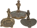 WORLD WAR II ANTI-AXIS MANNEKEN PIS-INSPIRED BOY URINATING ON SWASTIKA FIGURAL BRASS ASHTRAY TRIO.