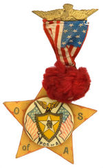 PATRIOTIC ORDER SONS OF AMERICA EXCEPTIONAL BADGE FEATURING CELLO BUTTON ON CELLO DIE-CUT STAR.