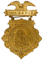 BENJAMIN FRANKLIN 1907 BRASS BADGE CELEBRATING HIS BICENTENARY.