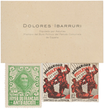 SPANISH CIVIL WAR "DOLORES IBARRURI" CARD AND THREE CINDERELLA STAMPS.