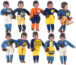 TEN FOOTBALL PLAYER DOLLS WITH COLLEGE NAME BUTTONS.