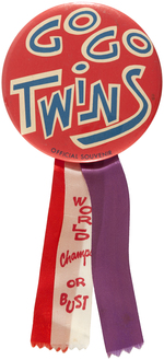 MINNESOTA TWINS 1965 WORLD CHAMPS BUTTON WITH THREE RIBBONS FROM MUCHINSKY BOOK.