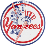 YANKEES PAIR OF 6" BUTTONS FROM 1960s AND 1977 MUCHINSKY BOOK PLATE EXAMPLES.