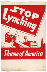 RARE "STOP LYNCHING SHAME OF AMERICA" BOLD SILKSCREENED TEXTILE BANNER BY "REBEL ARTS."