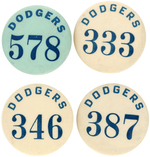 BROOKLYN DODGERS FOUR SERIALLY NUMBERED BUTTONS MUCHINSKY PLATE EXAMPLES.