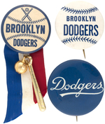 BROOKLYN DODGERS 3 UNCOMMON NAME BUTTONS AND MUCHINSKY BOOK PLATE EXAMPLES.