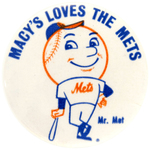 "MACY'S LOVES THE METS" SCARCE 1960s MUCHINSKY BOOK PLATE EXAMPLE BUTTON.