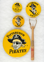 PIRATES FOUR C. 1960 BUTTONS WITH TWO MUCHINSKY PLATE EXAMPLES AND TWO UNLISTED.