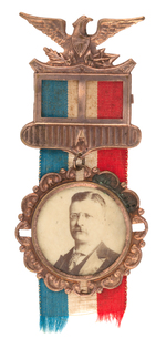 UNUSUAL ROOSEVELT HANGING PORTRAIT BADGE ON EARLY BRASS SHELL BADGE.