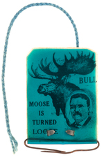 UNUSUAL GRAPHIC ROOSEVELT 1912 "BULL MOOSE IS TURNED LOOSE" LAPEL FLIPPER.