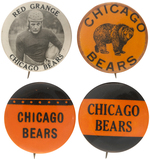 RED GRANGE REAL PHOTO BUTTON PLUS THREE EARLY CHICAGO BEARS BUTTONS.