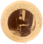 "McKINLEY AT HOME" CLASSIC SEPIA TONED REAL PHOTO BUTTON OF CANDIDATE IN ROCKING CHAIR.