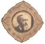 HARRISON REAL PHOTO UNDER GLASS IN HANDSOME HAND ENGRAVED BRASS BADGE.