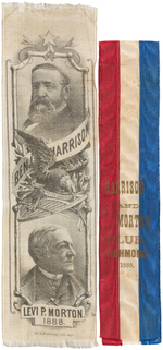 BENJAMIN HARRISON LOT OF THREE 1888 ITEMS INCLUDING OVER UNDER JUGATE RIBBON AND PORTRAIT PLATE.