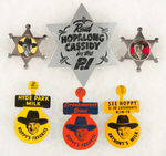 HOPPY GROUP OF THREE NO PIN STAR BADGES AND THREE BREAD/MILK LITHO TABS.