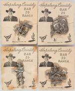 HOPALONG CASSIDY FOUR METAL PINS ON BAR TWENTY RANCH ORIGINAL CARDS.