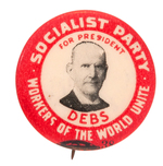 DEBS'S FIRST CAMPAIGN UNDER THE "SOCIALIST PARTY" NAME PORTRAIT BUTTON.