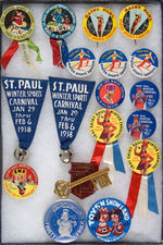 ST. PAUL WINTER CARNIVAL COLLECTION OF 18 BUTTONS AND BADGES FROM 1916-1964.