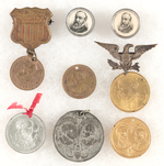 HARRISON 1888-1892 GROUP OF MEDALS AND TWO CELLO COVERED LAPEL STUDS.