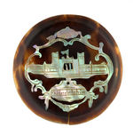 "PHILADELPHIA 1876" GORGEOUS MOTHER OF PEARL ON TORTOISE SHELL LARGE LAPEL STUD.