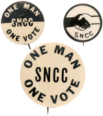 THREE SNCC BUTTONS INCLUDING TWO WITH SLOGAN "ONE MAN ONE VOTE."