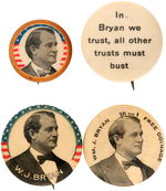 FOUR 1896 BRYAN PORTRAIT BUTTONS INCLUDING TWO UNLISTED IN HAKE.