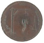 "END OF PAIN" 1792 SATIRICAL TOKEN SHOWING THOMAS PAINE ON GALLOWS.