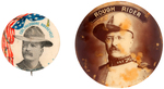 TWO ROOSEVELT ROUGH RIDER BUTTONS AND A FIGURAL METAL HAT.