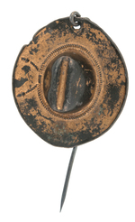 TWO ROOSEVELT ROUGH RIDER BUTTONS AND A FIGURAL METAL HAT.