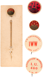 FIVE IWW LABOR ITEMS INCLUDING STICKPIN, BUTTONS AND LAPEL STUDS.