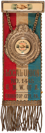 OUTSTANDING "8 HOURS U. M. W. OF A. APRIL 1ST 1898" LABOR RIBBON BADGE.