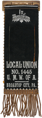 OUTSTANDING "8 HOURS U. M. W. OF A. APRIL 1ST 1898" LABOR RIBBON BADGE.