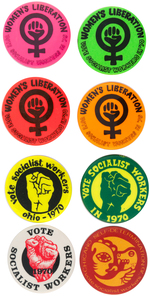 EIGHT C.1970 SOCIALIST WORKERS PARTY BUTTONS INCLUDING FOUR WITH TEXT "WOMEN'S LIBERATION."