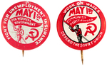 PAIR OF GRAPHIC COMMUNIST PARTY USA "MAY 1ST" BUTTONS INCLUDING "DEFEND THE SOVIET UNION."