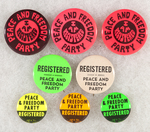 EIGHT PEACE AND FREEDOM PARTY BUTTONS AND BUMPER STICKER.