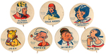 KING FEATURES 1936 SET OF CHARACTER BUTTONS INCLUDING FLASH GORDON, DALE AND POPEYE CHARACTERS.