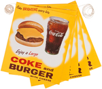 COCA-COLA & CHEESEBURGER 1950s DOUBLE-SIDED HANGING STORE SIGNS.