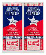 "HOWDY NEIGHBOR/CLINTON PRESIDENT" 1996 TEXAS BUTTON AND TICKET PAIR.