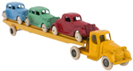 TOOTSIETOY MACK AUTO TRANSPORT TRAILER WITH 1935 FORD TRIO.