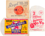 "DUNCAN JEWELED PROFESSIONAL YO-YO TOPS" LOT WITH BAGGED STRINGS.