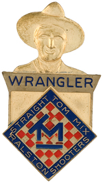 TOM MIX WRANGLER PROTOTYPE BADGE WITH BLUE BORDER AROUND RED CHECKERBOARD RALSTON LOGO.