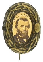 "GEN. U.S. GRANT." CARDBOARD PHOTO IN HIGH RELIEF BRASS SHELL FRAME WITH STICKPIN REVERSE.