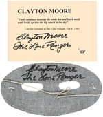 LONE RANGER CLAYTON MOORE SIGNED PROMOTIONAL CARD & MASK WITH SILVER BULLET.